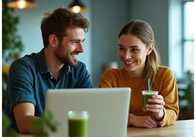 O femeie tânără și un bărbat de 30 și ceva de ani zâmbesc, lucrând împreună pe un laptop într-un mediu modern de birou, ilustrând echilibrul dintre carieră și sănătate.