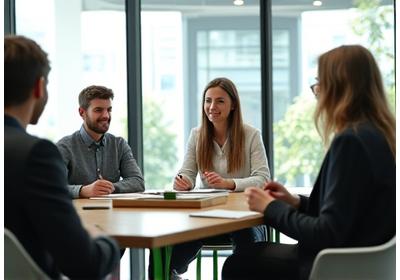 Un grup de profesioniști fericiți și energici participând la un workshop de wellness într-un birou modern și luminos, ilustrând beneficiile programelor corporate de sănătate.