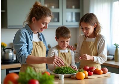 O familie fericită gătind împreună o masă sănătoasă în bucătărie, cu legume proaspete pe masă, ilustrând sprijinul reciproc în adoptarea unui stil de viață sănătos.