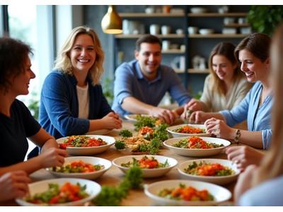 Echipa Viața Plină Wellness savurând o masă sănătoasă împreună, cu boluri vibrante de salată și fructe pe o masă comună.