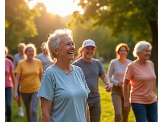 Grup de oameni de vârste diverse, inclusiv seniori, râzând și participând la o activitate fizică ușoară în aer liber, într-un parc din România, demonstrând impactul pozitiv al programelor de wellness comunitar.