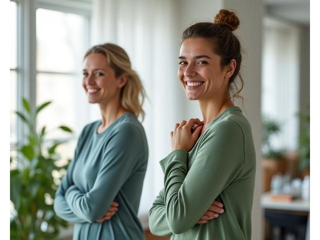 Tineri adulți români (35-40 ani) zâmbitori și interacționând energic într-un spațiu de wellness modern