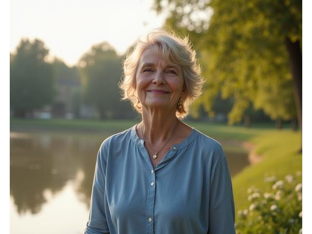 O femeie de 60 de ani zâmbind în timpul unei plimbări relaxante în natură