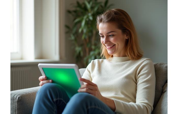 O femeie zâmbitoare folosește un tablet completând un quiz online de sănătate