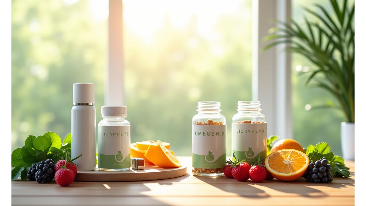 O selecție ordonată de suplimente, fructe proaspete și dispozitive wellness pe o masă curată, simbolizând alegerea conștientă și calitatea Viața Plină Wellness.