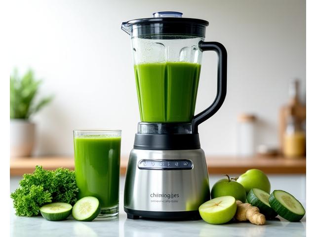Un blender de înaltă performanță, cu un smoothie verde proaspăt, înconjurat de fructe și legume.