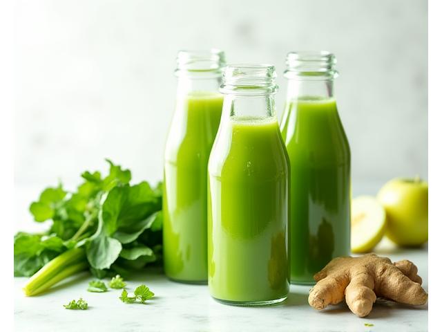 Câteva sticle de sticlă cu sucuri verzi proaspete, aranjate lângă ingrediente precum spanacul și castraveții, evocând vitalitate.