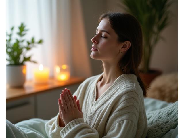 O persoană calmă practicând exerciții de respirație profundă într-un cadru liniștit, cu lumânări și plante.