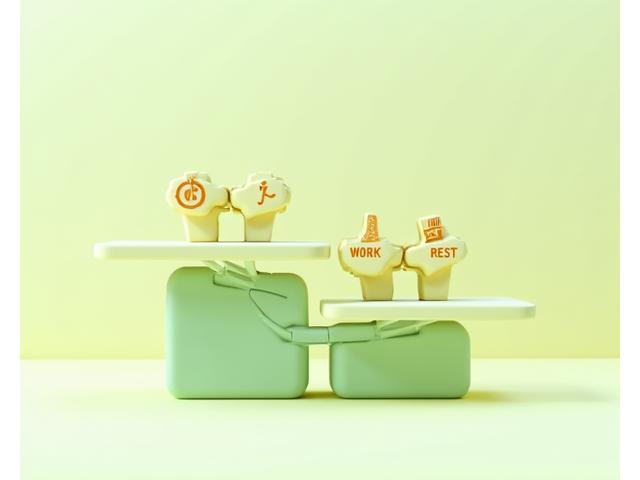 O serie de icoane reprezentând diverse activități zilnice (muncă, exerciții, relaxare) echilibrate pe o balanță, simbolizând o gestionare eficientă a timpului și energiei.