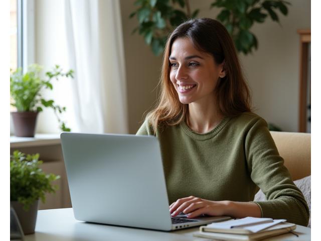 O persoană participând activ la un workshop online dintr-un mediu confortabil de acasă, zâmbind și interacționând prin intermediul ecranului.