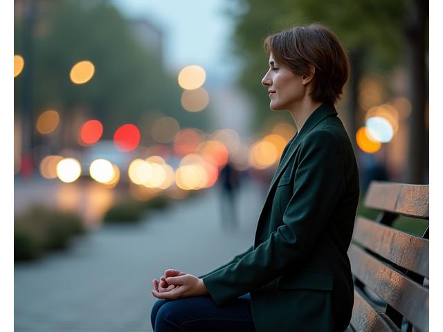 O persoană meditând într-un cadru urban aglomerat, dar cu o aură de liniște interioară, simbolizând găsirea păcii în mijlocul haosului zilnic.