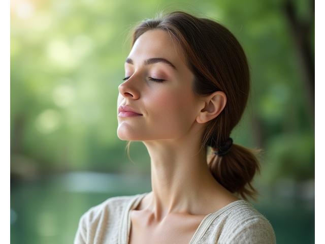 O persoană calmă, practicând o tehnică de relaxare profundă, cu elemente de natură în fundal, sugerează liniște și control.